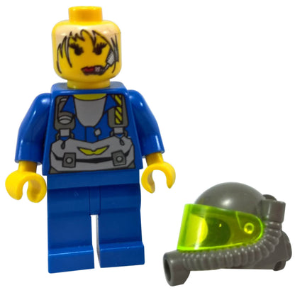 Rock Raiders Jet minifigure with blue suit and helmet with neon visor removed
