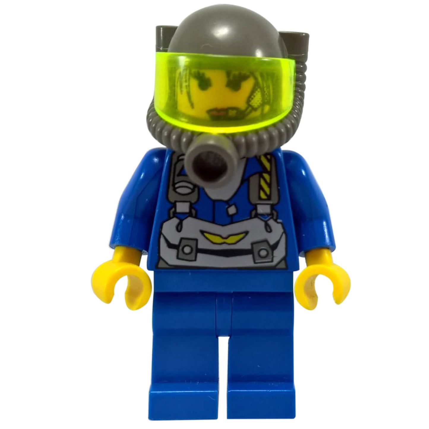 Rock Raiders Jet minifigure with blue suit, gray helmet and neon yellow visor
