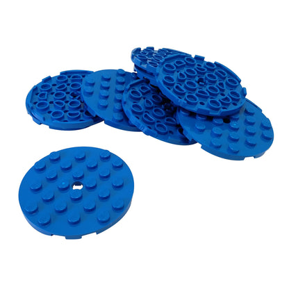 Blue LEGO® Round Plate 6 x 6 part 11213 shown from the top and underside with studs and a central hole