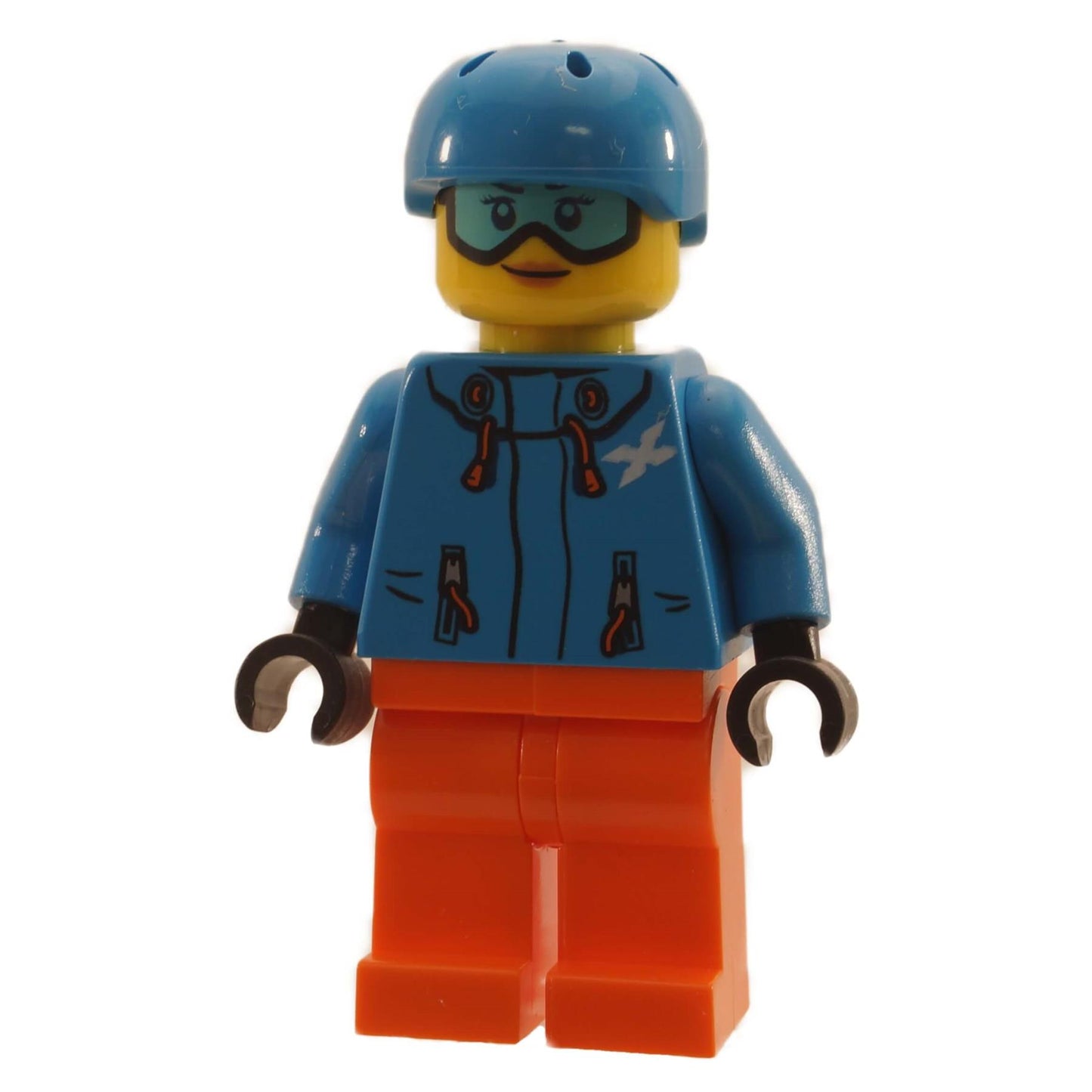 Female skier minifigure with blue helmet, blue jacket print and bright orange legs
