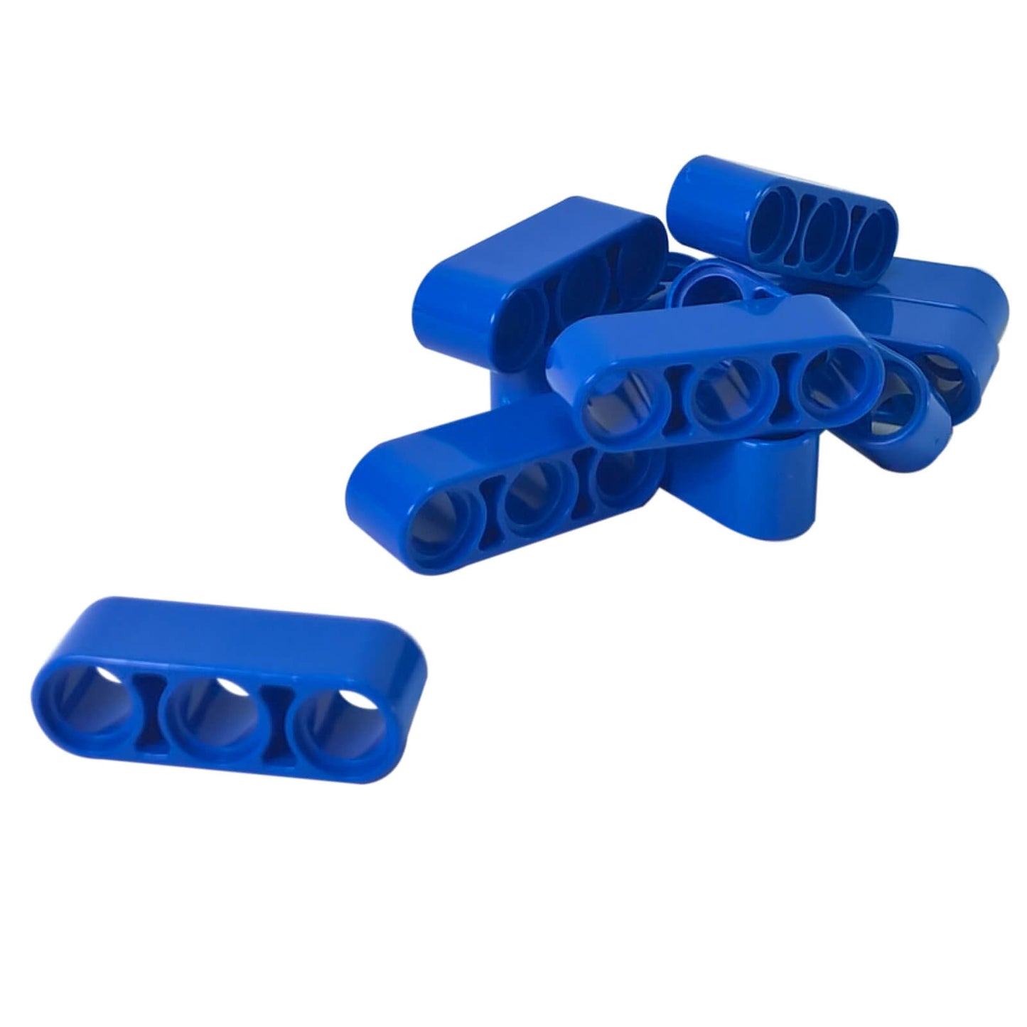 Pile of bright blue LEGO Technic 1x3 Thick Liftarm pieces (32523) against a white background.