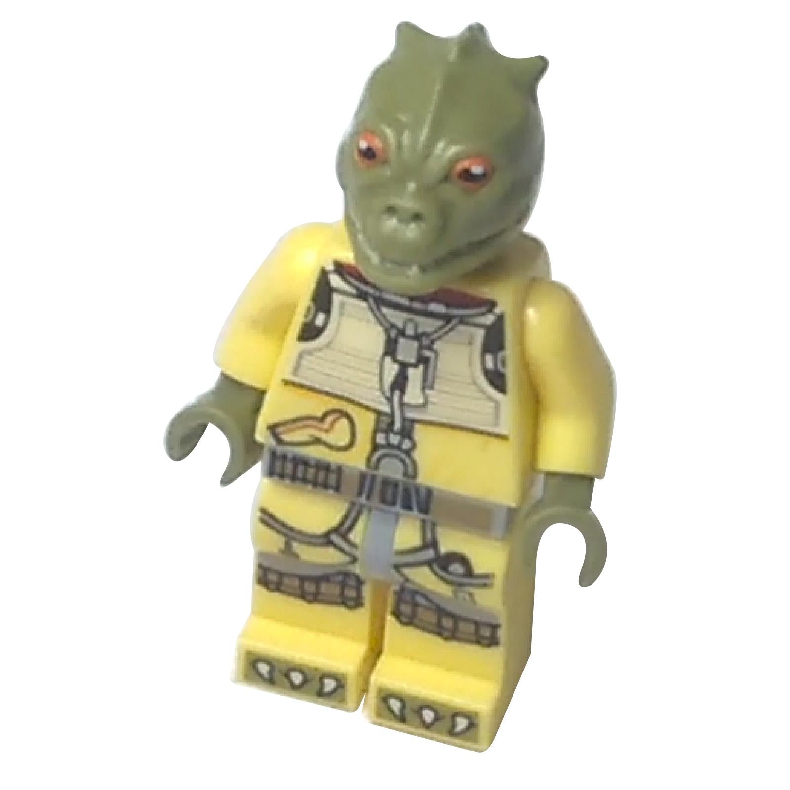 Bossk minifigure front view in olive green outfit with detailed torso print and reptilian head
