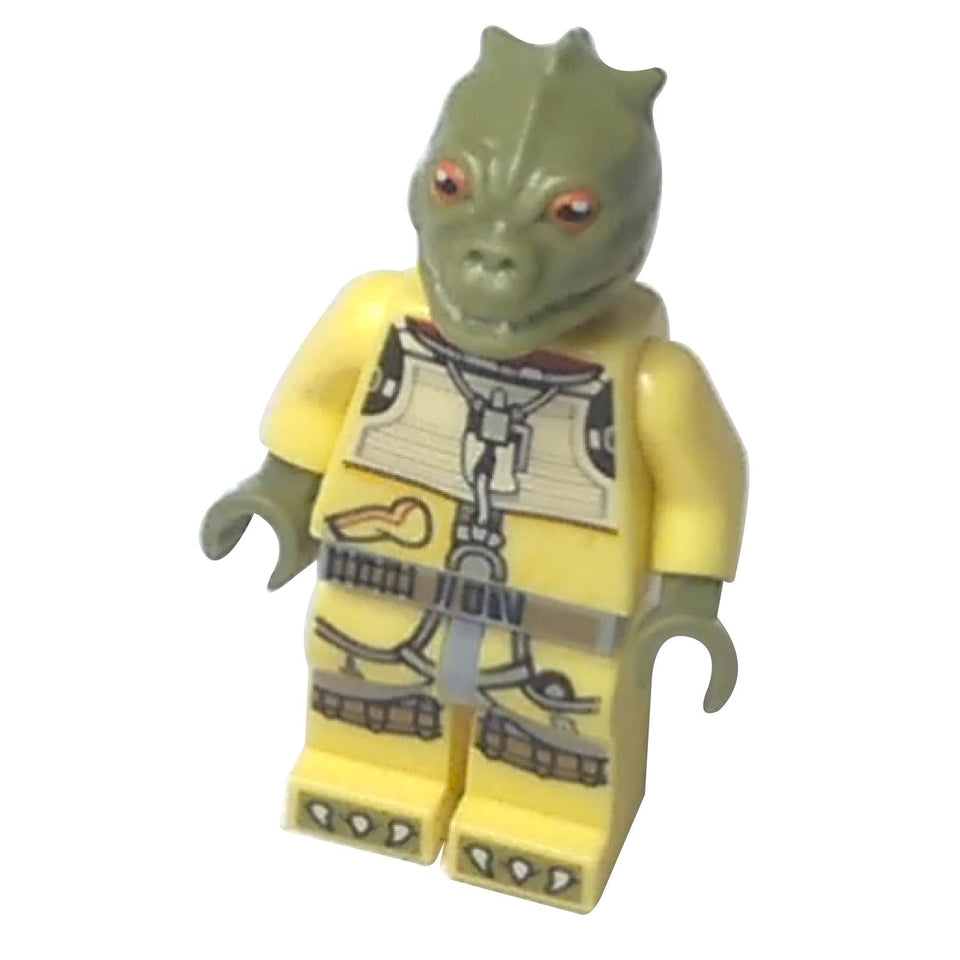 Bossk minifigure front view in olive green outfit with detailed torso print and reptilian head
