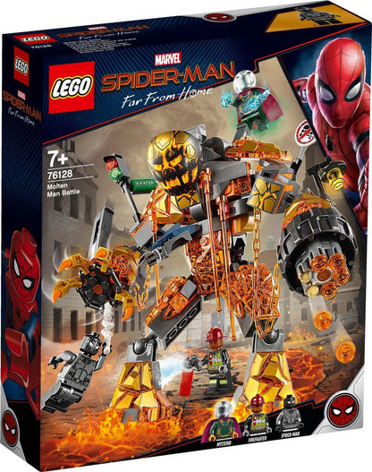 Official box art for Spider-Man set 76128 Molten Man Battle, showing the large Molten Man figure fighting the Stealth Suit Spider-Man and Mysterio minifigures in a fiery Prague street scene.