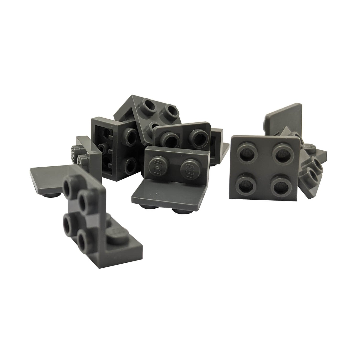 Dark bluish gray inverted bracket 1 x 2 - 2 x 2 (part 99207) for offset building and SNOT connections

