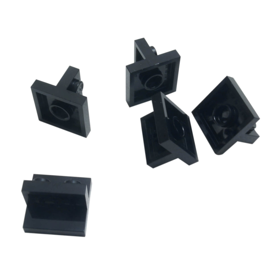 Black LEGO Bracket 2 x 2 - 1 x 2 Centered part 41682 shown from front and rear angles