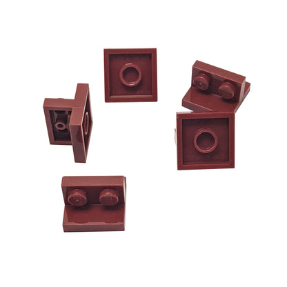 dark red LEGO Bracket 2 x 2 - 1 x 2 Centered part 41682 shown from front and rear angles