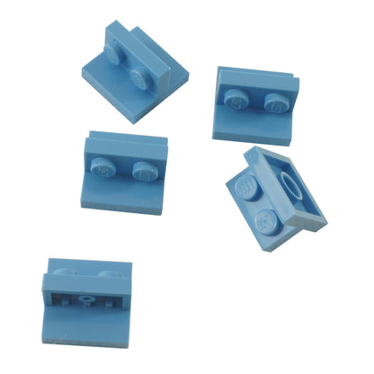 Medium Blue LEGO Bracket 2 x 2 - 1 x 2 Centered part 41682 shown from front and rear angles