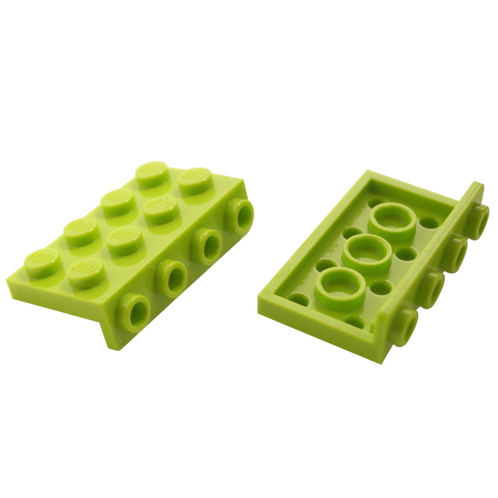 Zwei LEGO Brackets 2x4 - 1x4 in Lime, Ober- und Unteransicht.