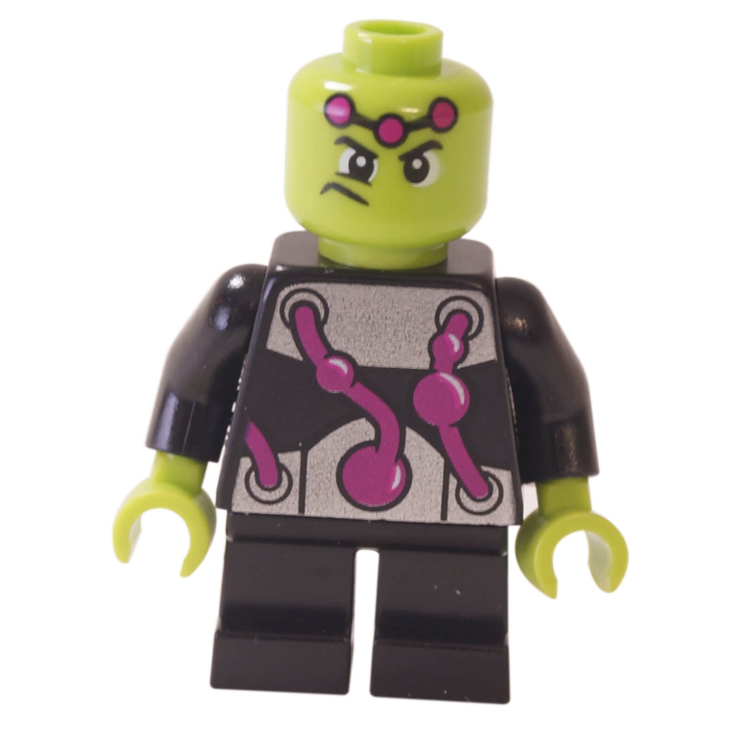LEGO minifigurka Brainiac sh0484, přední pohled, limetková hlava.