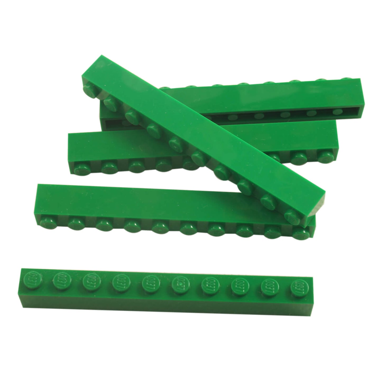 Grüne LEGO Steine 1 x 10, Teil 6111, Ansicht von oben und der Seite.