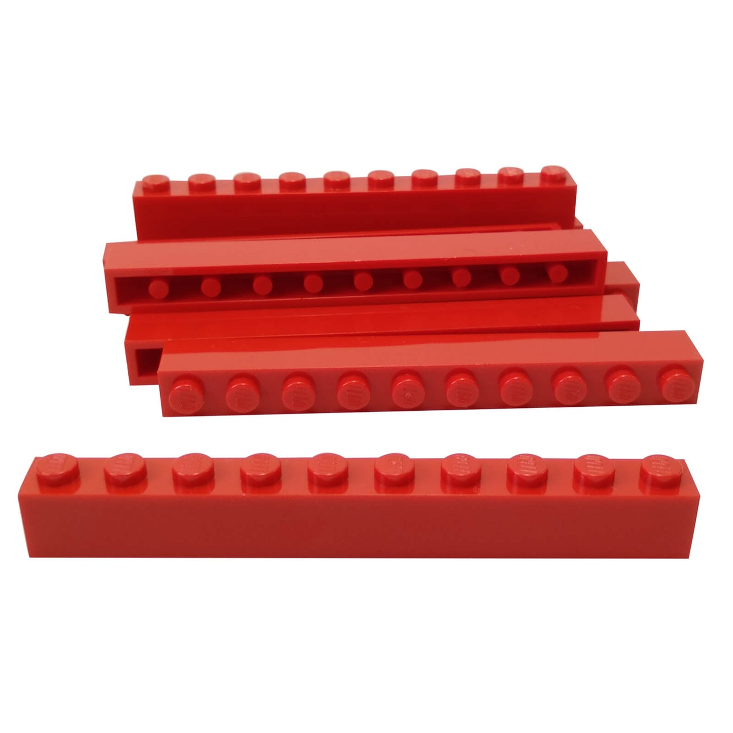 red LEGO brick 1 x 10 long building brick part 6111 used for structural walls bases and extended building sections
