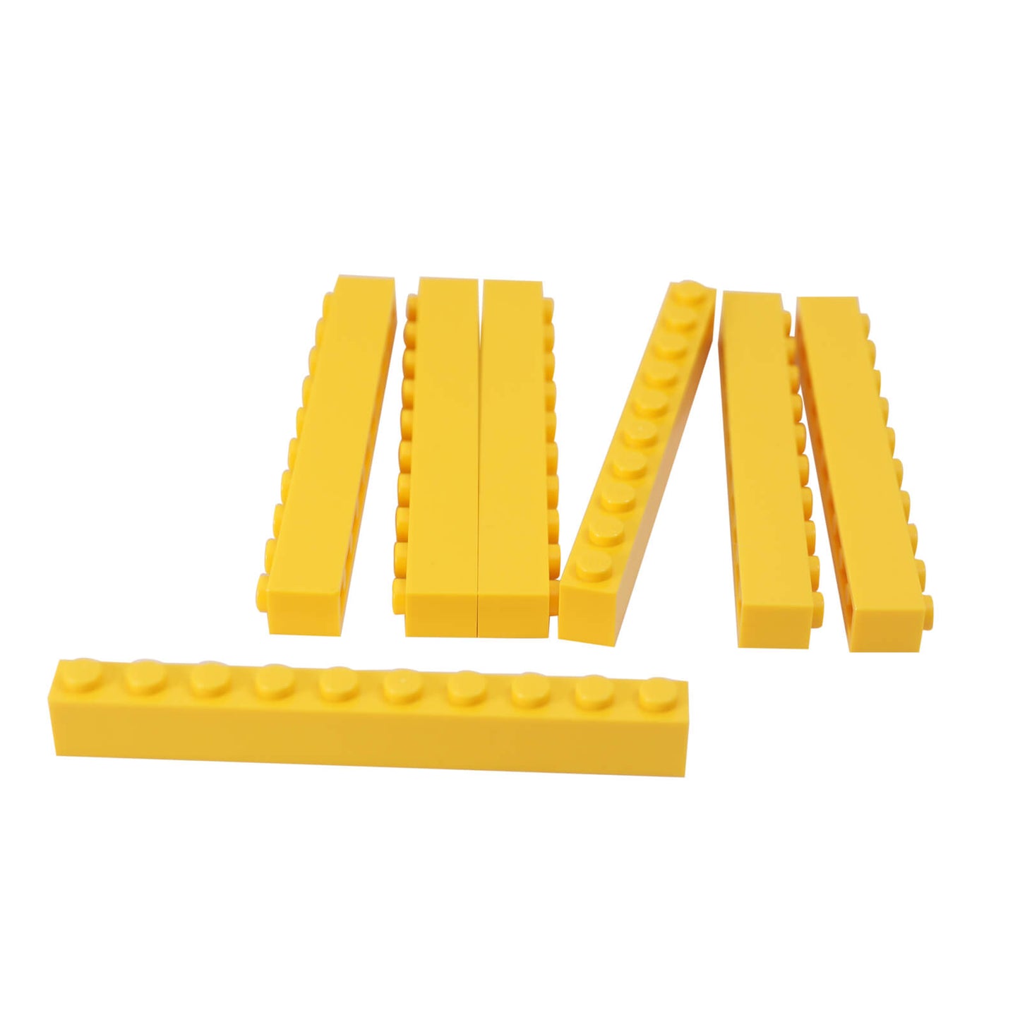 Gelber LEGO Stein 1 x 10, mehrere Teile, verschiedene Ansichten