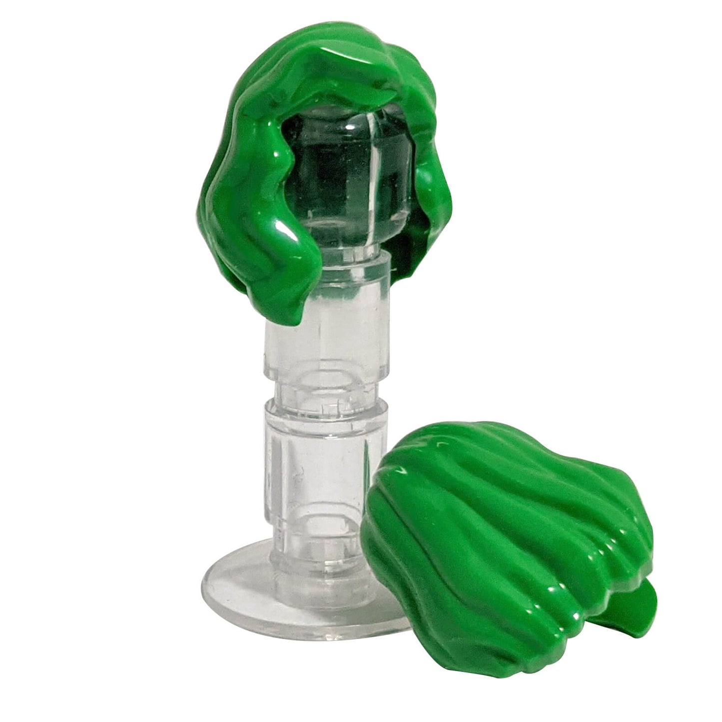 minifigure female mid length hair bright green with part over right shoulder detailed hairstyle accessory piece
