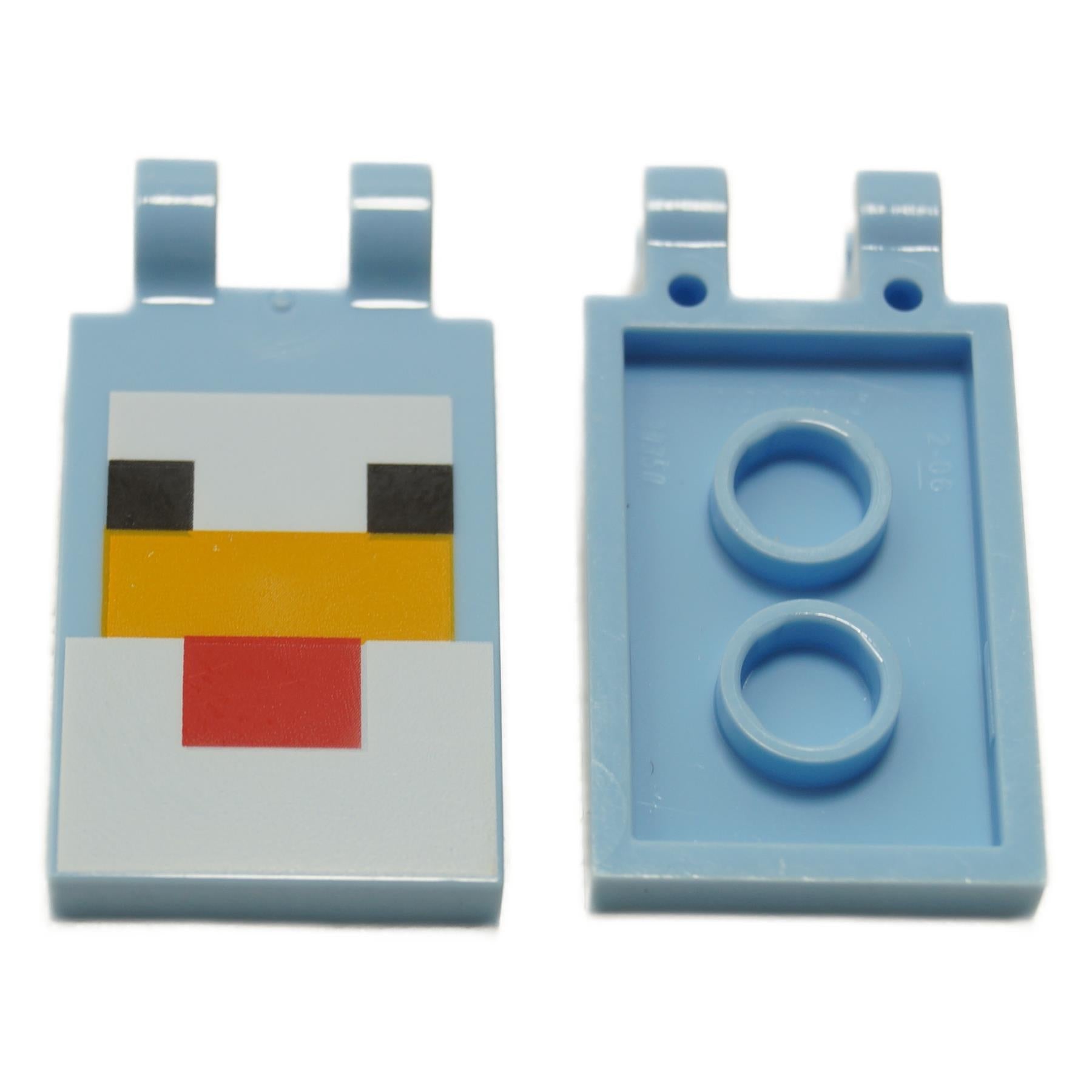 A bright light blue LEGO tile with a clip on each side and a pixelated chicken pattern on the top surface.