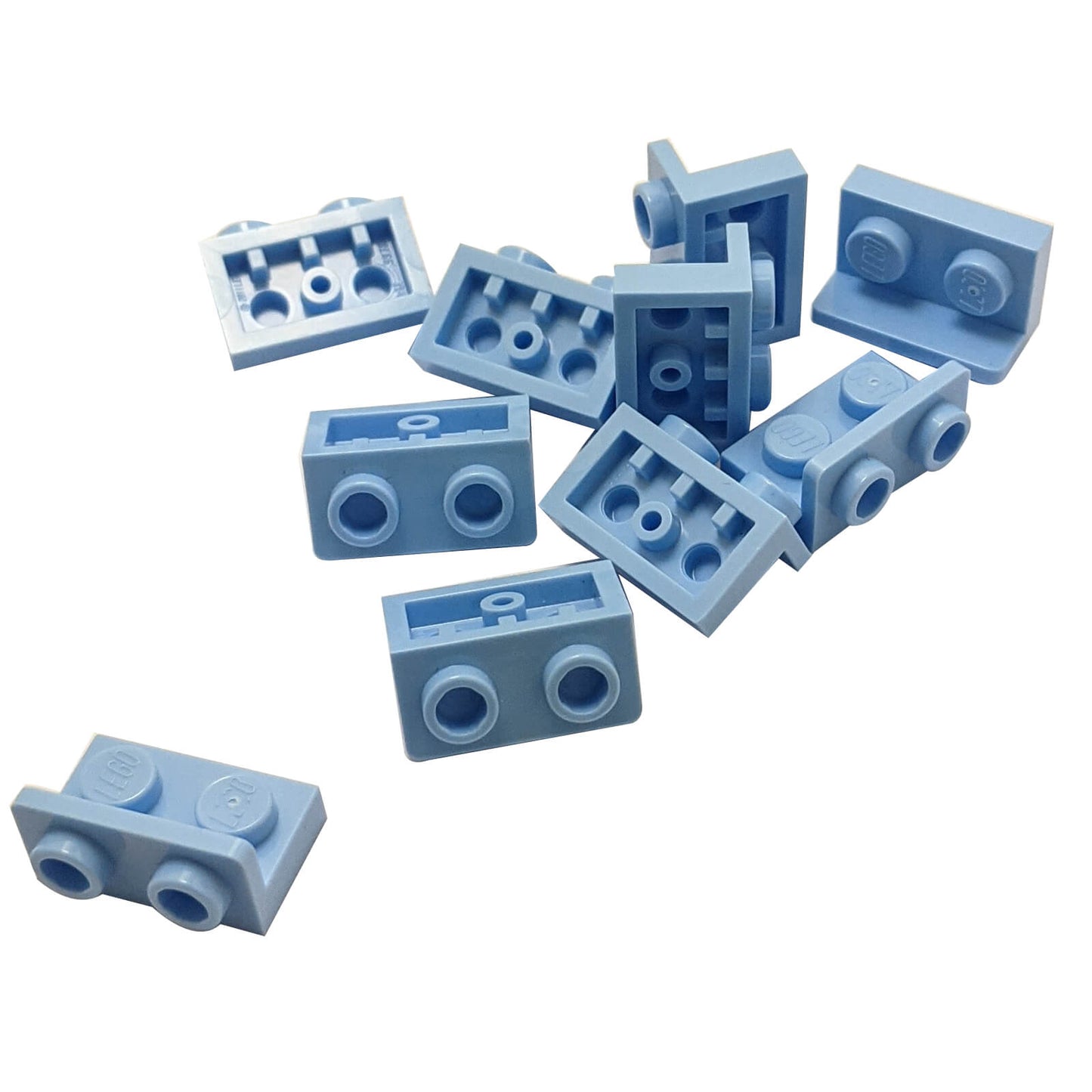 Bright light blue inverted bracket 1 x 2 - 1 x 2 part 99780, offset building element for compact SNOT construction
