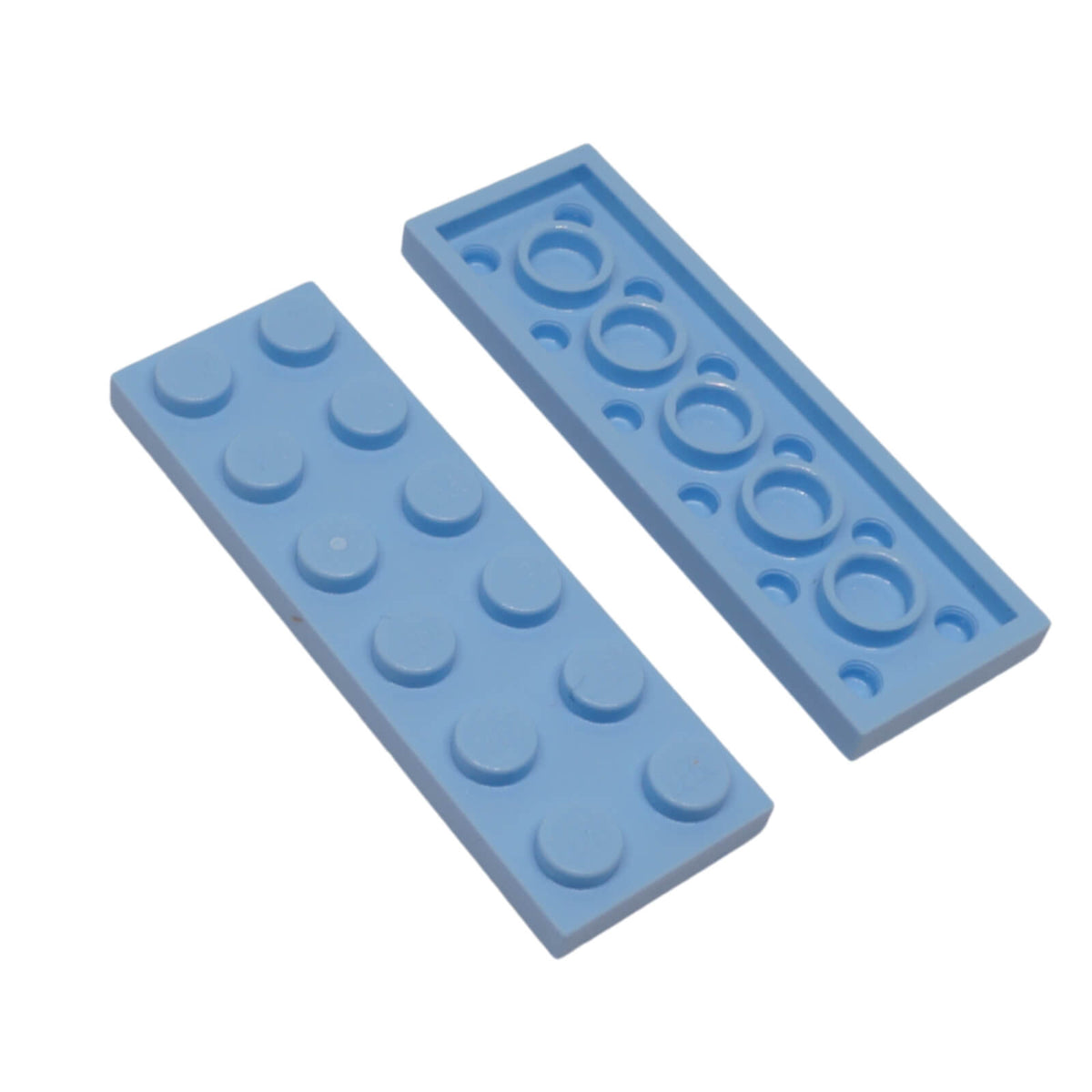 Bright Light blue LEGO® Plate 2 x 6 part 3795 shown from the top and underside with 12 studs and five circular reinforcement tubes