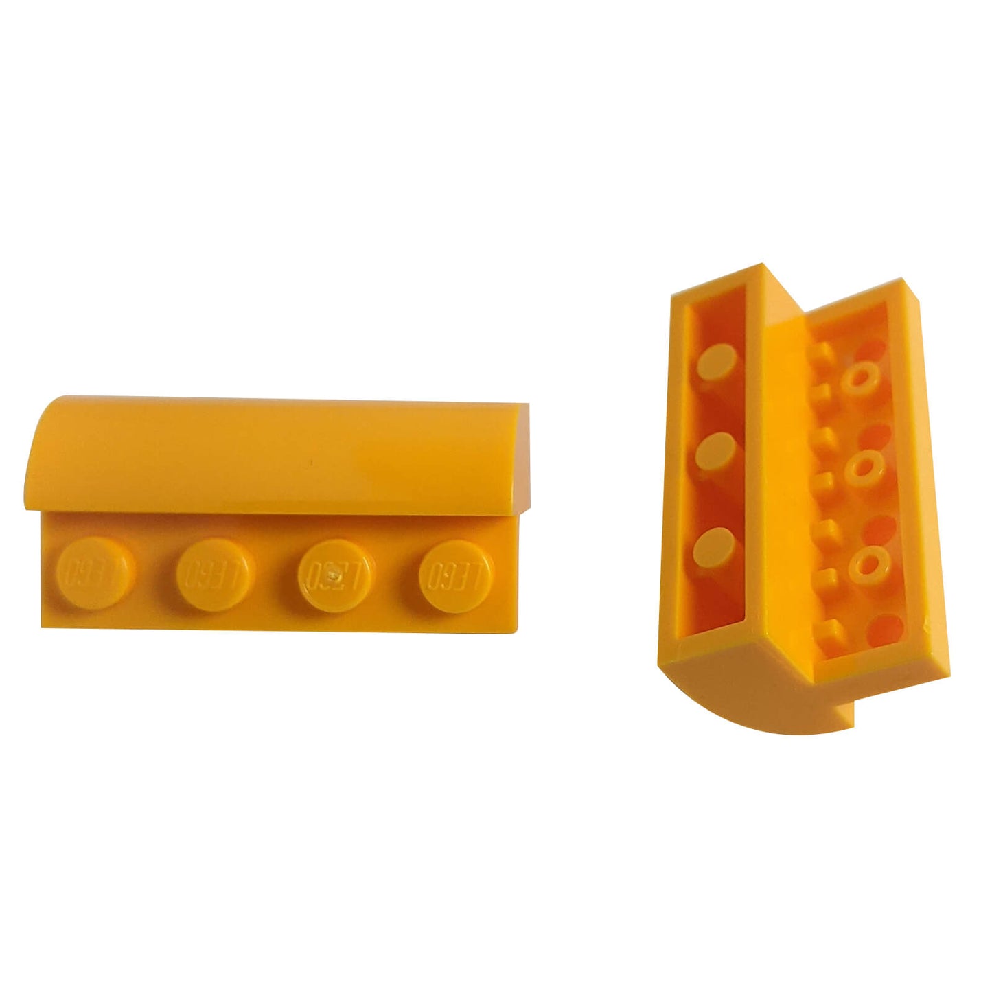 Bright light orange curved 2x4 slope with recessed studs (6081) for smooth shaping, roofs, and vehicle builds
