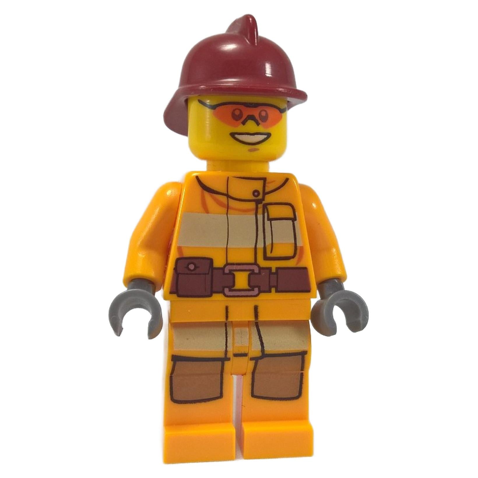 Firefighter minifigure in bright orange suit with dark red helmet, utility belt and orange sunglasses

