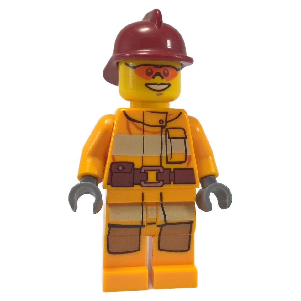 Firefighter minifigure in bright orange suit with dark red helmet, utility belt and orange sunglasses
