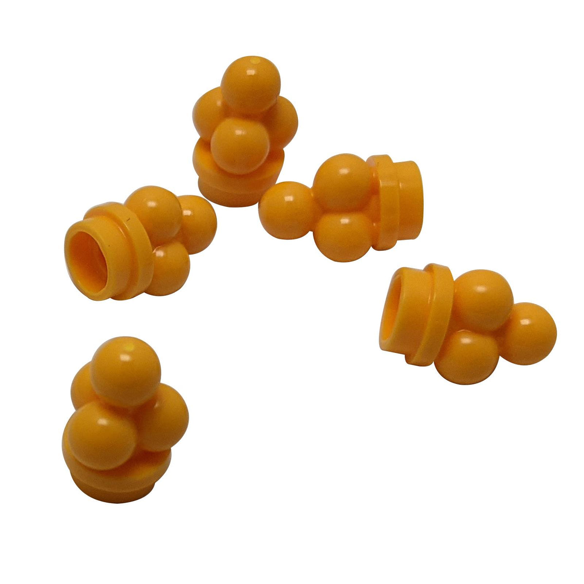 Bright light orange LEGO® ice cream scoops part 6254 shown from multiple angles with rounded scoop cluster and hollow connection base