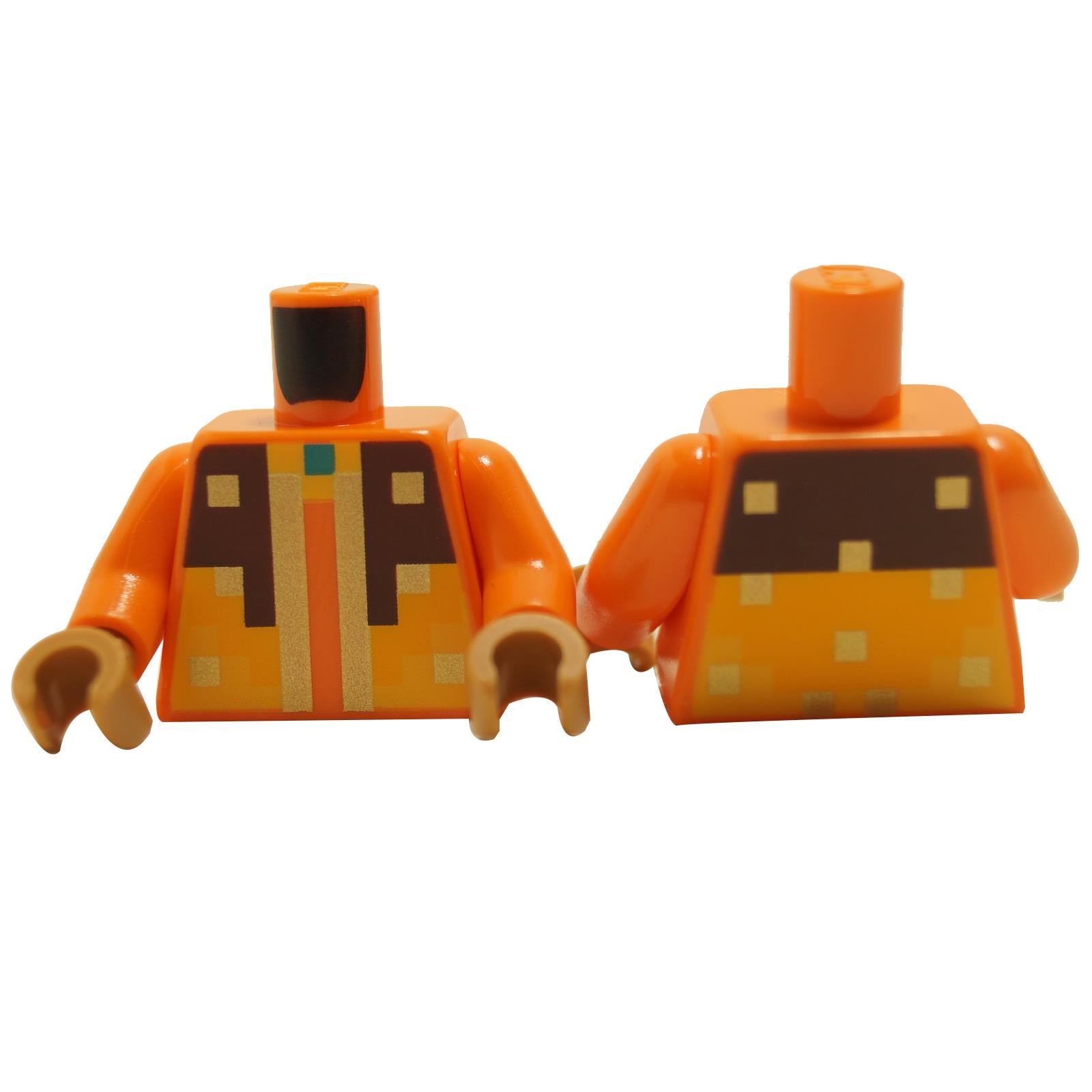 Bright light orange minifigure torso with pixelated dark brown armor and gold trim, front and back view
