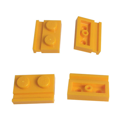 Bright light orange modified Plate 1 x 2 with door rail for sliding doors, track guides, and compact builds

