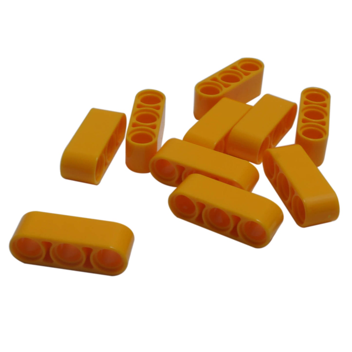 Pile of bright light orange LEGO Technic 1x3 Thick Liftarm pieces (32523) scattered together.