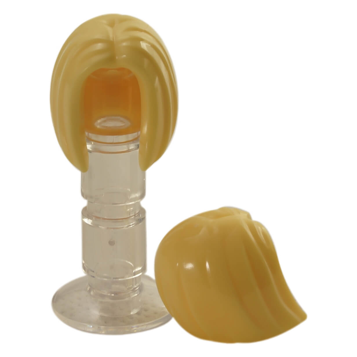 Bright light yellow female minifigure mid-length straight hair, middle part, longer in front than back