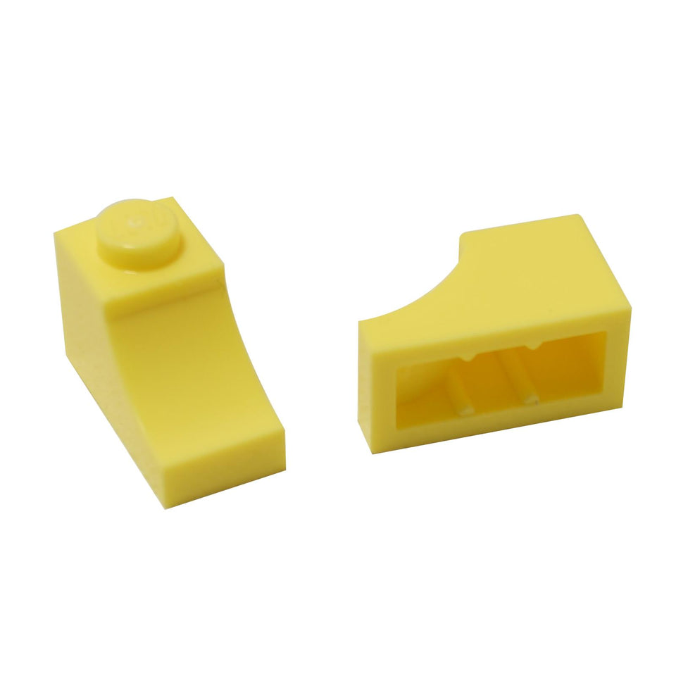 Two bright light yellow LEGO Arch 1x2 Inverted pieces (78666) shown front (studded) and back (hollow).