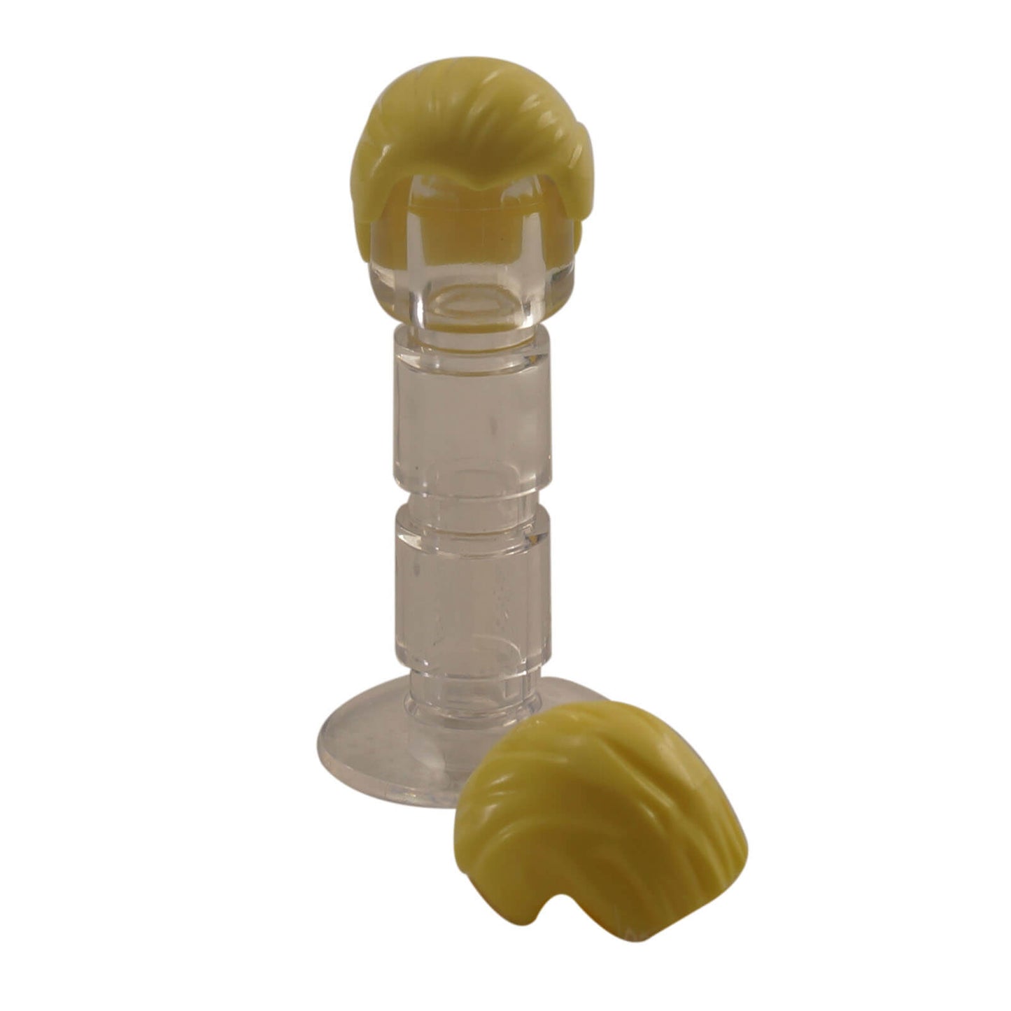 Bright light yellow minifigure hair combed from front to rear, smooth swept-back hairstyle with clean molded details
