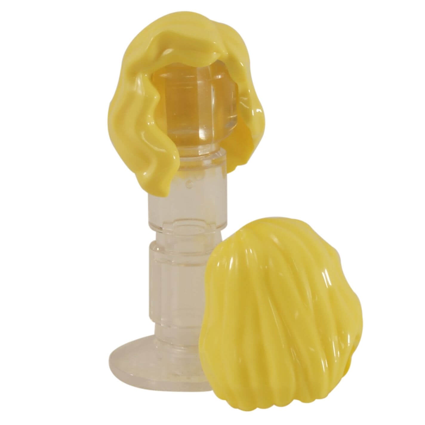 minifigure female mid length hair bright light yellow with part over right shoulder detailed hairstyle accessory piece
