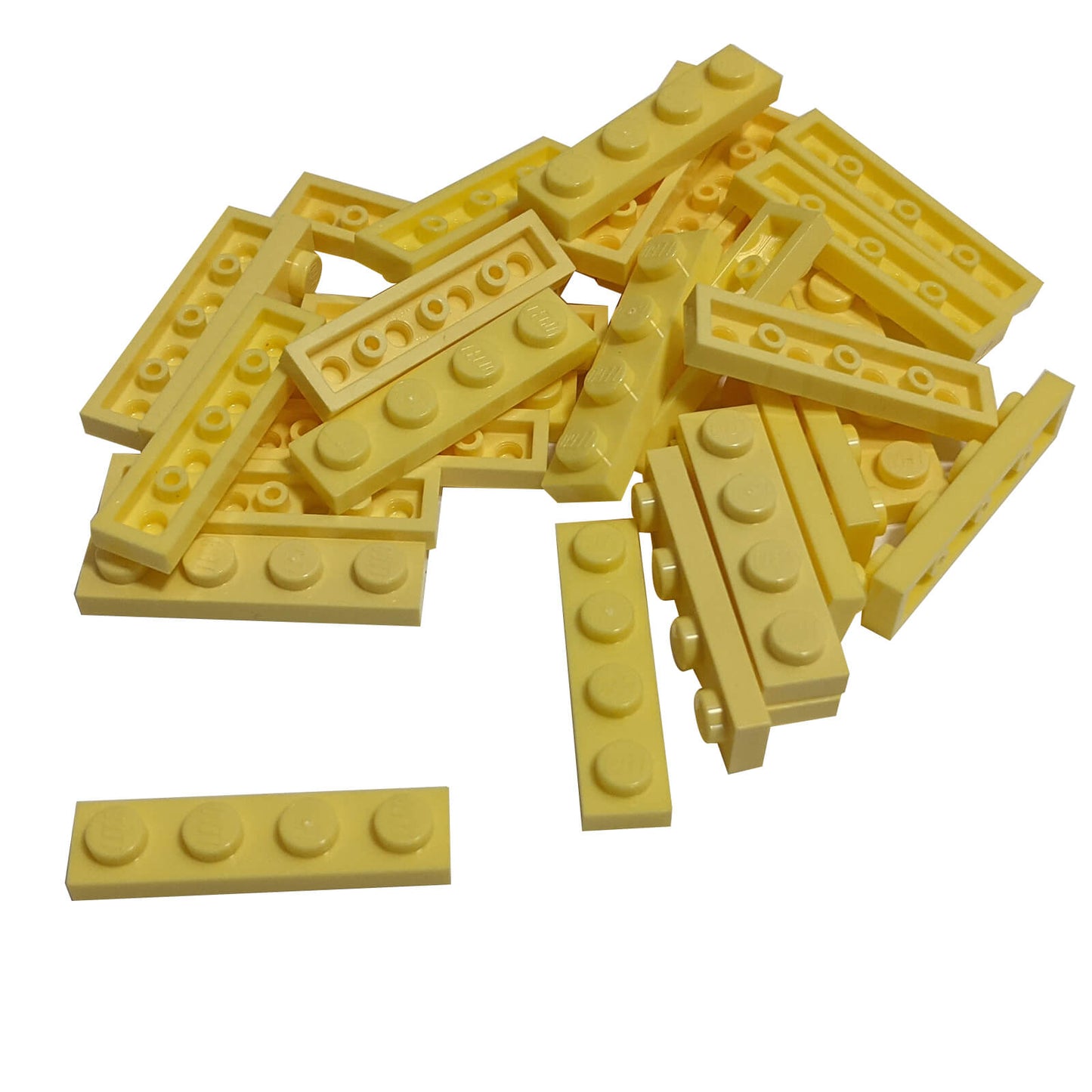 Bright light yellow 1x4 plate building piece with four studs for detailed minifigure scale builds
