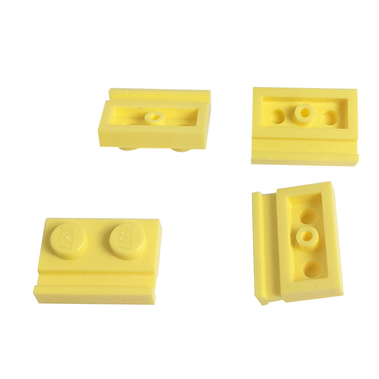 Bright light yellow modified Plate 1 x 2 with door rail for sliding doors, track guides, and compact builds
