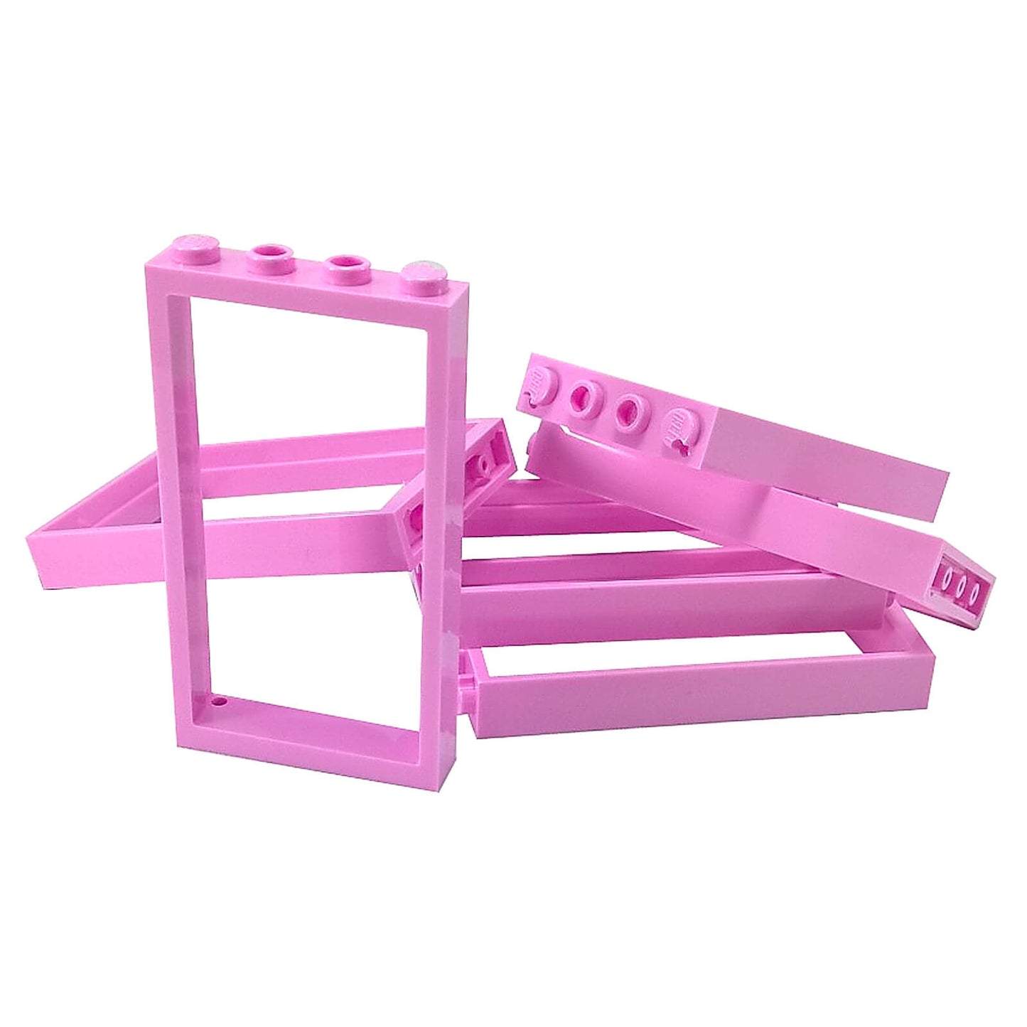 Pile of bright pink LEGO Door Frame 1x4x6 Type 2 pieces (60596) shown against white.