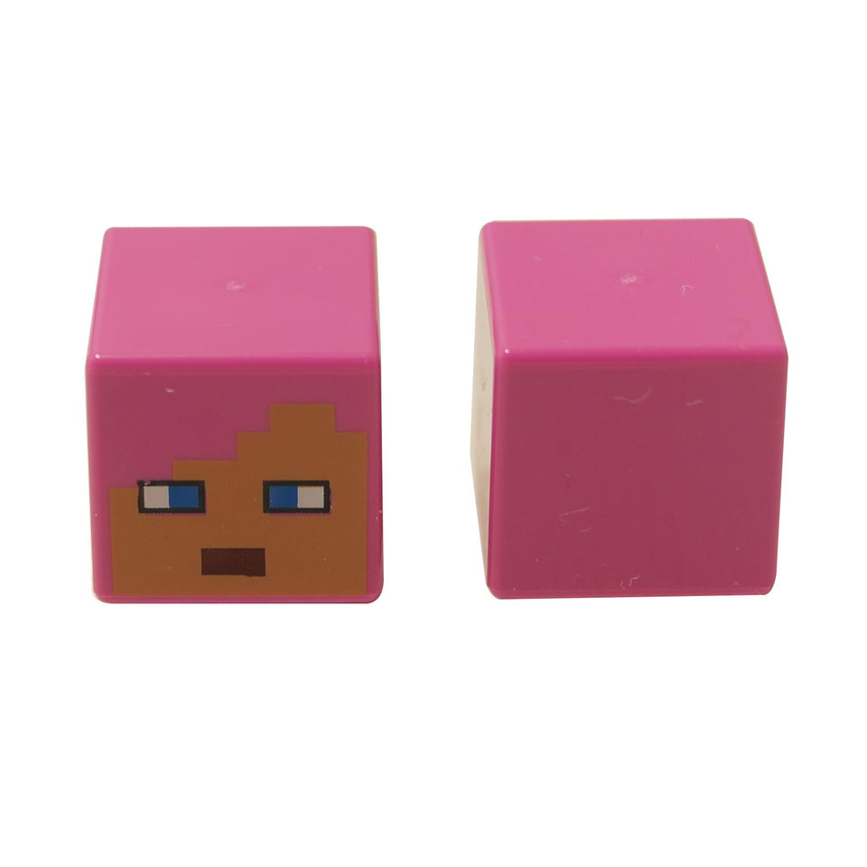 Bright pink pixelated cube minifigure head with face print and square eyes, Minecraft-style.
