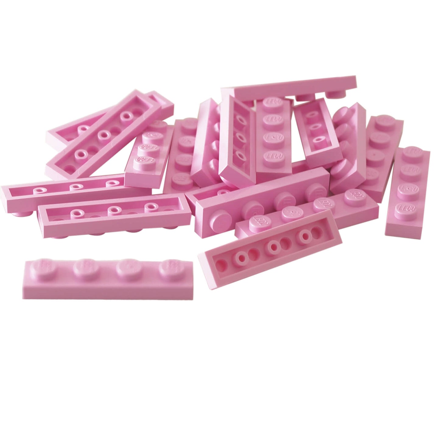 Bright pink 1x4 plate building piece with four studs for detailed minifigure scale builds
