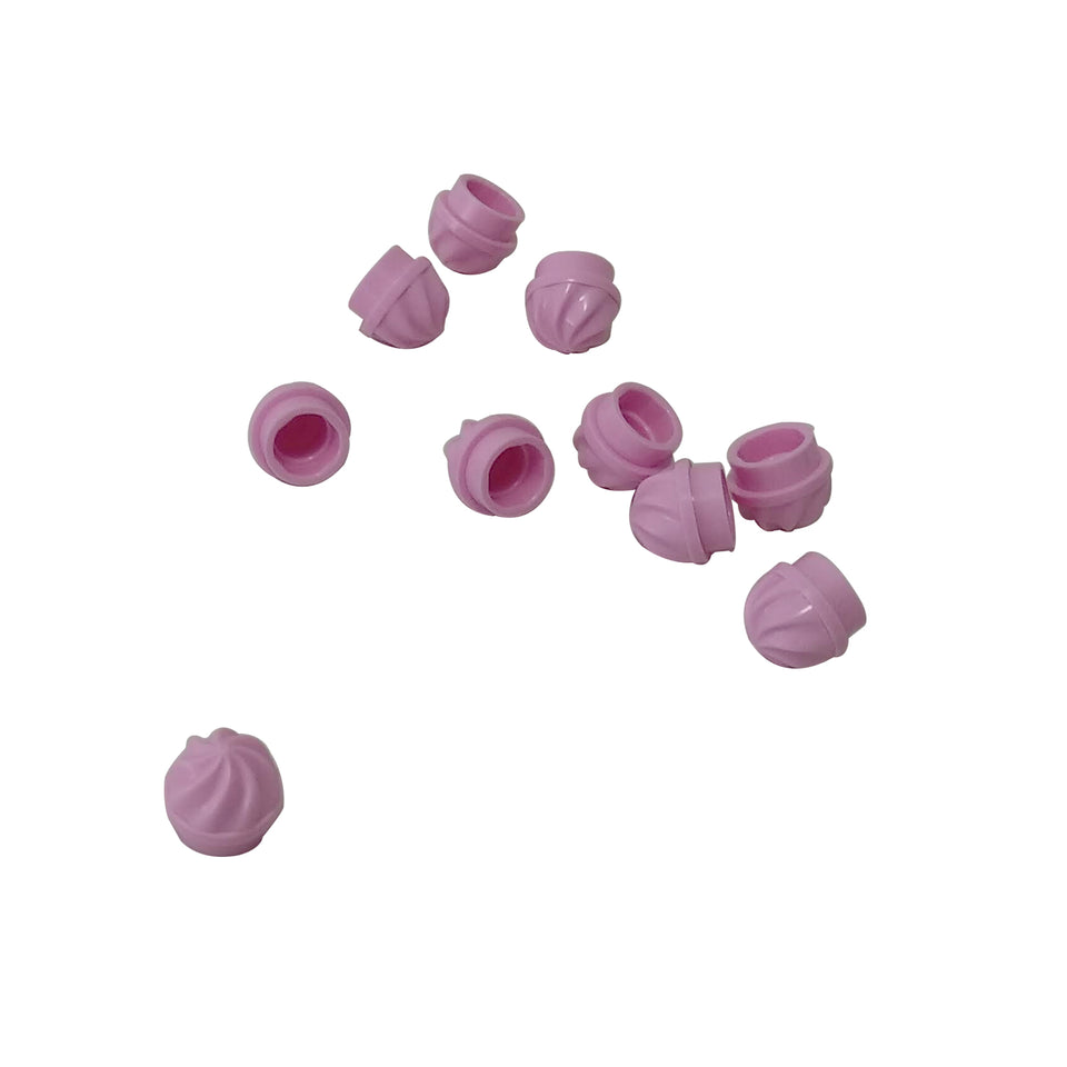 Bright pink LEGO® round 1 x 1 plate 15470 shown from multiple angles with moulded swirled top and hollow circular underside