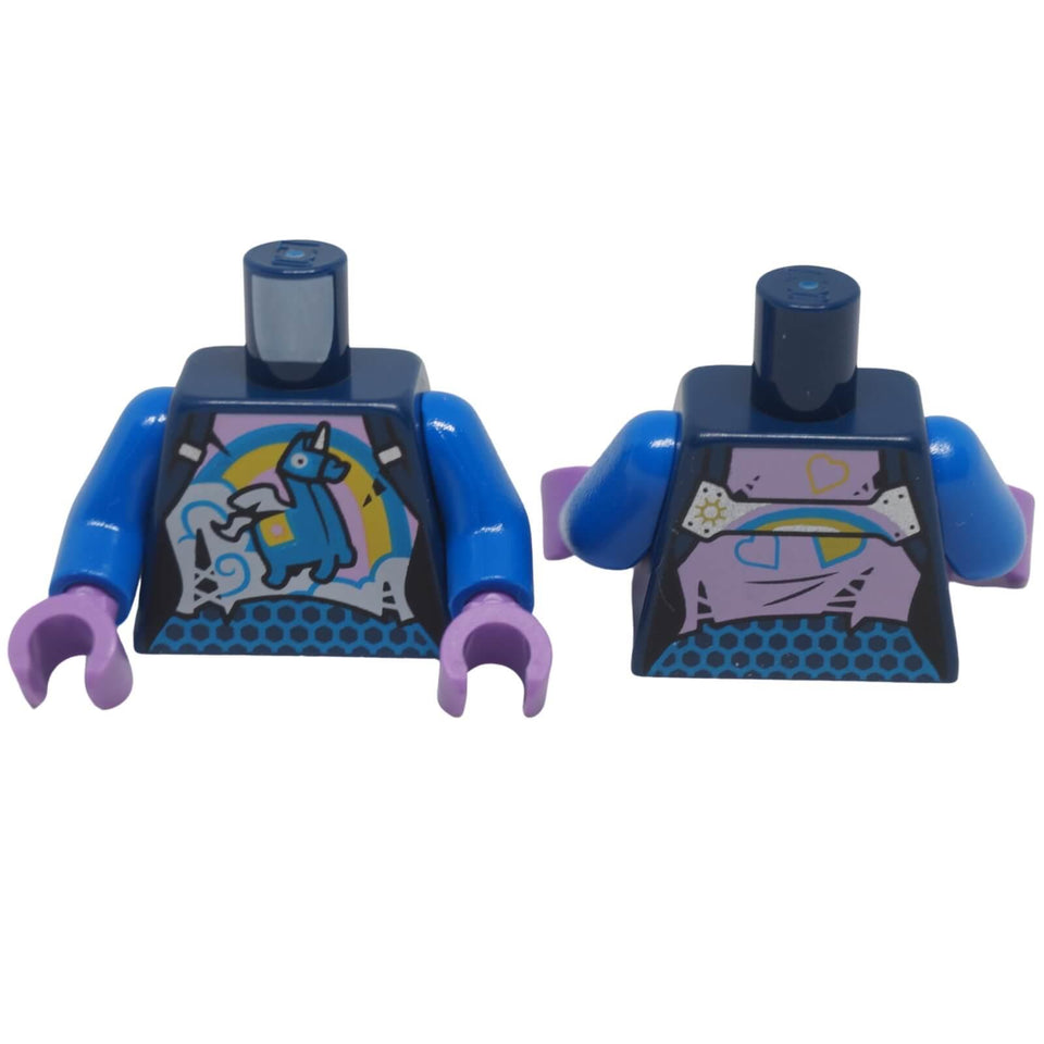Front and back view of LEGO® minifigure torso 973pb5892c01 with Brite Unicorn rainbow print