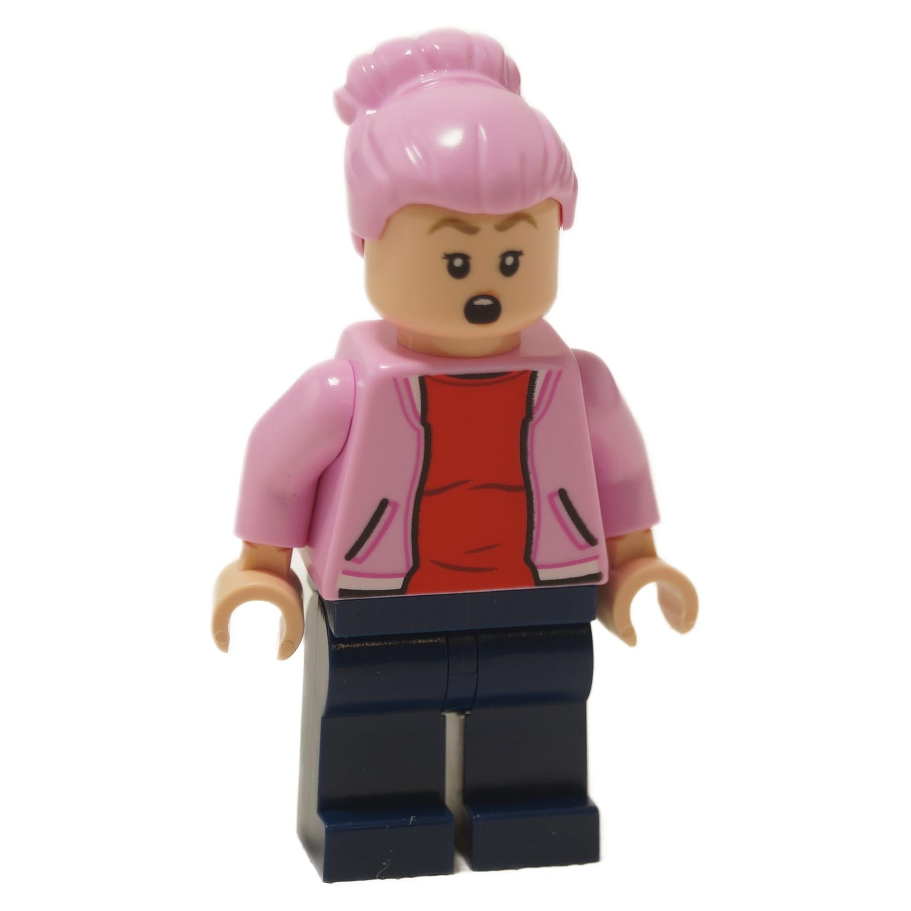 Brooklynn minifigure with surprised open-mouth expression, pink hair bun, pink jacket, red shirt and dark blue legs
