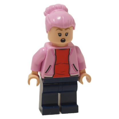 Brooklynn minifigure with surprised open-mouth expression, pink hair bun, pink jacket, red shirt and dark blue legs
