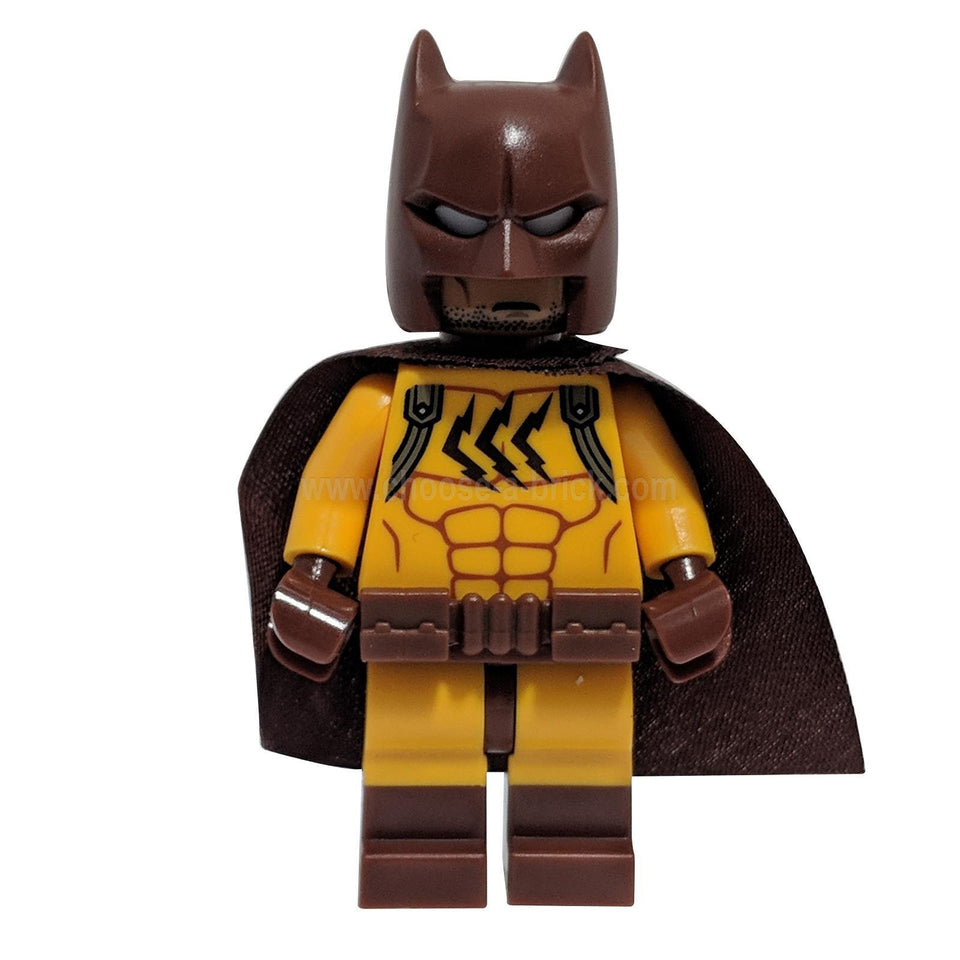 Brown cat themed minifigure with mask, dark cape and yellow suit with claw print
