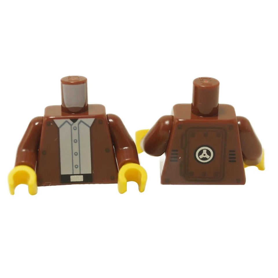 Brown minifigure torso with jacket print, dark brown rivets and white shirt detail, shown front and back on white background
