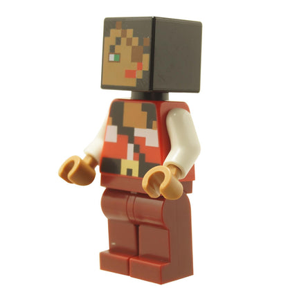 LEGO® Minecraft Buccaneer Minifigure with pixelated design, wearing a red and black pirate vest, belt, and having a detailed pixel-style face.