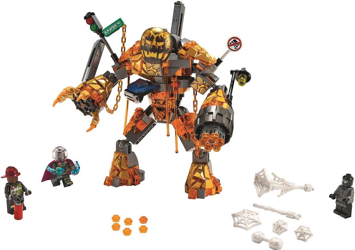 Fully assembled set 76128 Molten Man Battle, with the large, posable Molten Man figure towering over the Stealth Suit Spider-Man, Mysterio, and Firefighter minifigures.