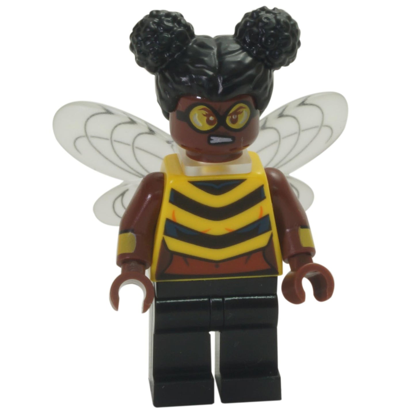 LEGO Bumblebee minifigure colsh14 with trans-clear wings, yellow and black striped torso, and black double-puff hair.