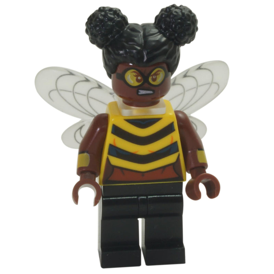 LEGO Bumblebee minifigure colsh14 with trans-clear wings, yellow and black striped torso, and black double-puff hair.