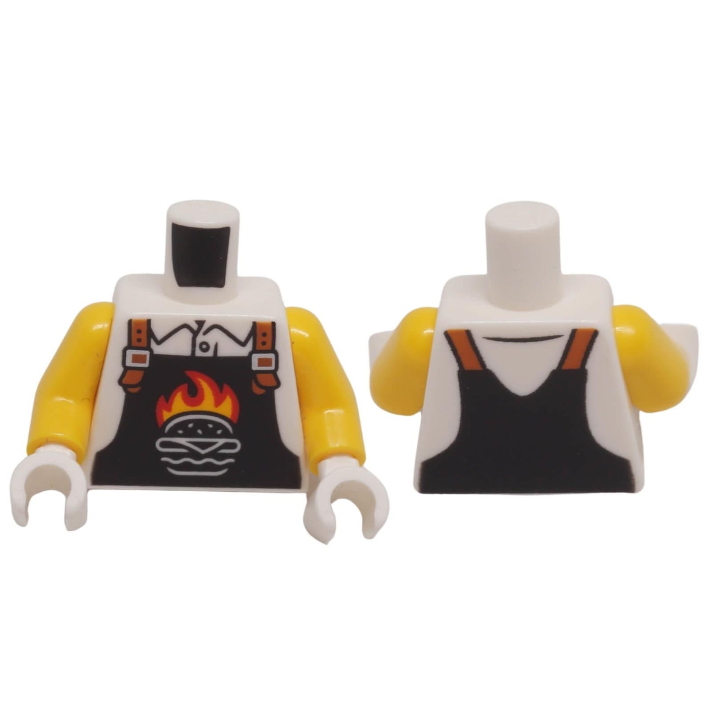 LEGO® torso 973pb5520c01 shown front and back with black overalls, flaming burger print, dark orange straps and yellow arms