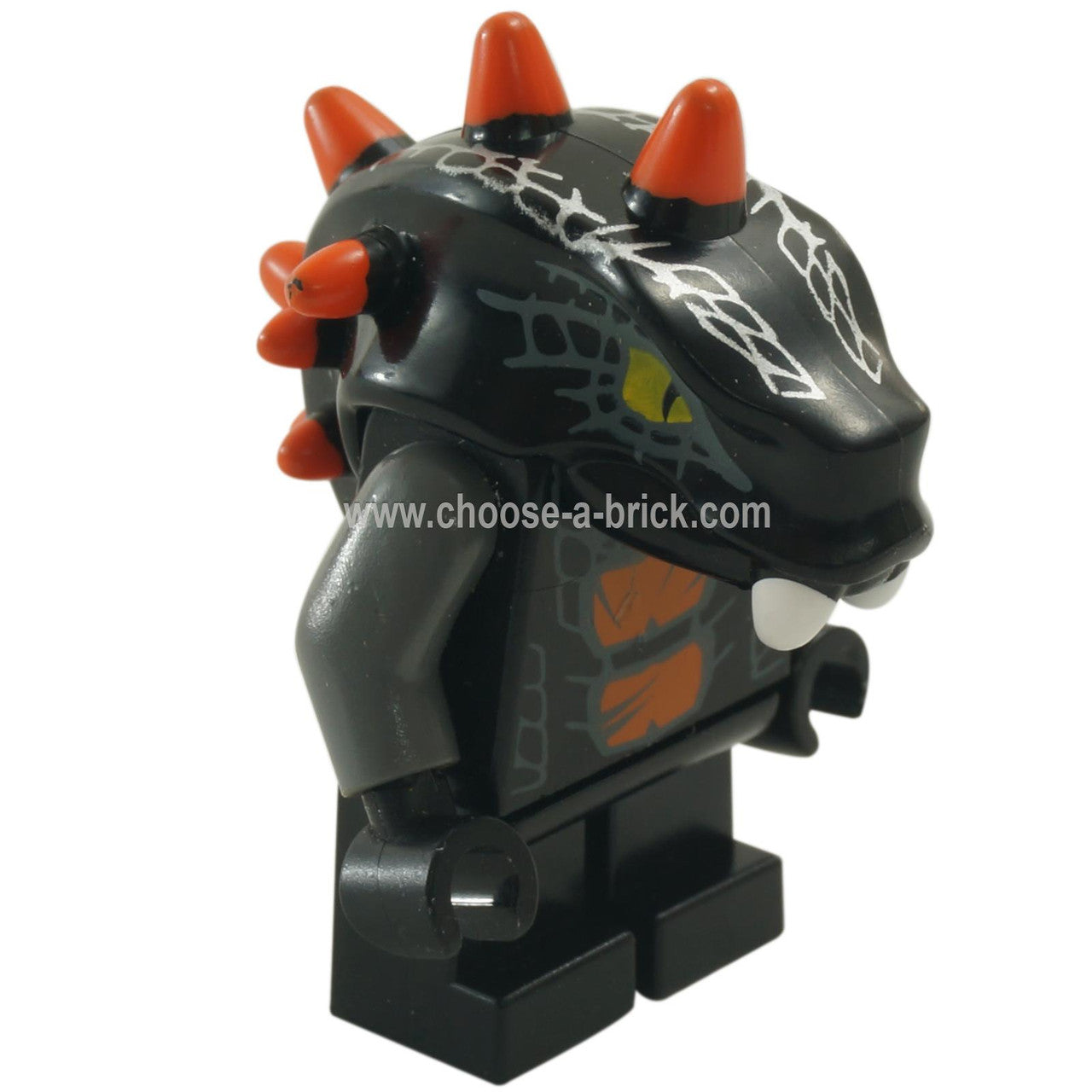 Side view of LEGO Bytar njo062, a black snake minifigure with orange spikes.