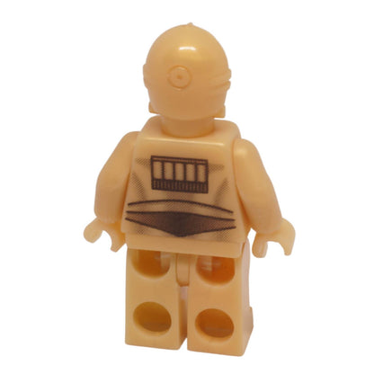 LEGO Star Wars C-3PO minifigure sw0010 in pearl light gold with detailed torso wire printing, back view.